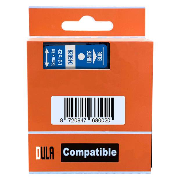 DULA label tape - Compatible met Dymo D1 45026 - 10 stuks - Wit op blauw - 12mm x 7m