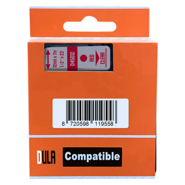 DULA Dymo D1 45012 - S0720520 - Compatible label tape - 1 lettertape - Rood op transparant - 12mm x 7m