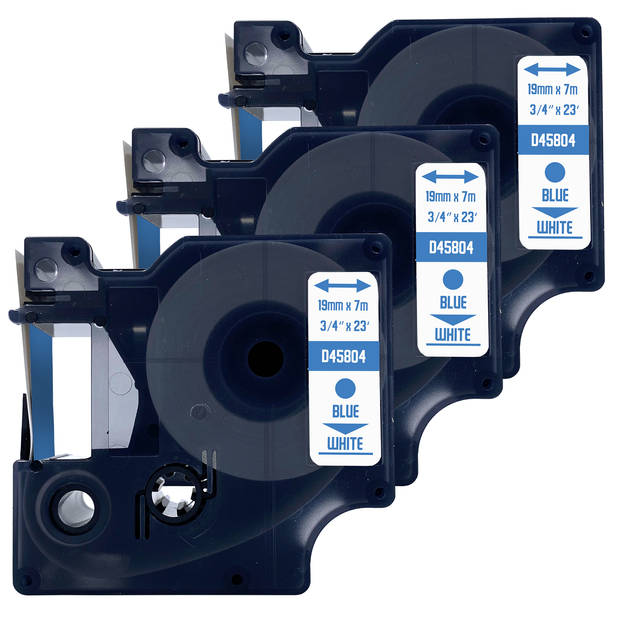 DULA label tape - Compatible met Dymo D1 45804 - 3 stuks - Blauw op wit - 19mm x 7m