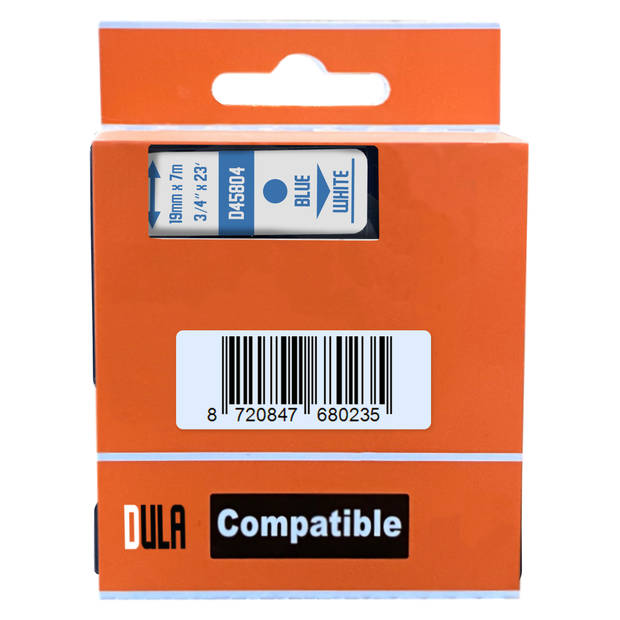 DULA label tape - Compatible met Dymo D1 45804 - 10 stuks - Blauw op wit - 19mm x 7m