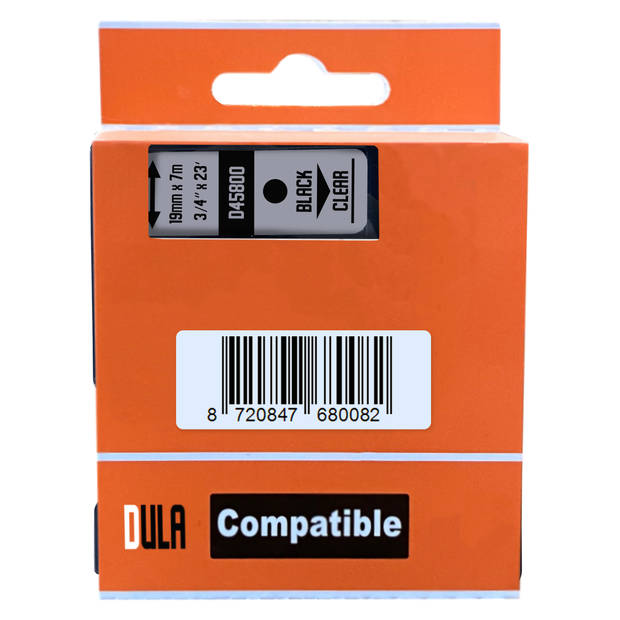 DULA label tape - Compatible met Dymo D1 45800 - 10 stuks - Zwart op transparant - 19mm x 7m