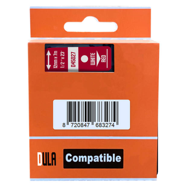 DULA label tape - Compatible met Dymo D1 45027 - 5 stuks - Wit op rood - 12mm x 7m