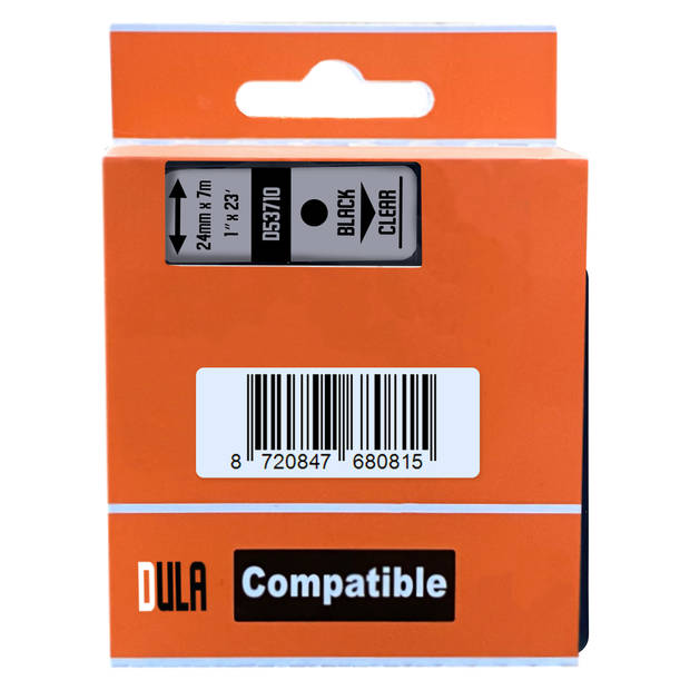 DULA Dymo D1 53710 - S0720920 - Compatible label tape - 10 lettertapes - Zwart op transparant - 24mm x 7m