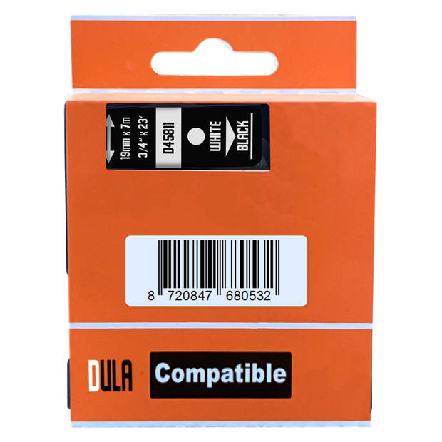 DULA label tape - Compatible met Dymo D1 45811 - 5 stuks - Wit op zwart - 19mm x 7m