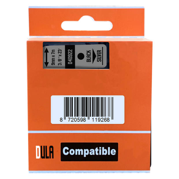 DULA label tape - Compatible met Dymo D1 40922 - 3 stuks - Zwart op zilver - 9mm x 7m