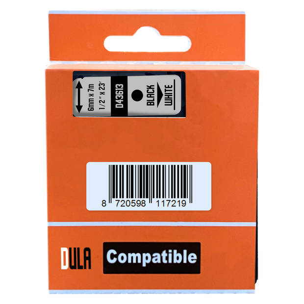 DULA label tape - Compatible met Dymo D1 43613 / S0720780 - 3 stuks - Zwart op wit - 6mm x 7m