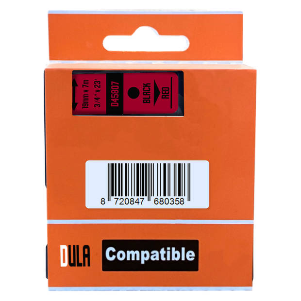 DULA label tape - Compatible met Dymo D1 45807 - 3 stuks - Zwart op rood - 19mm x 7m