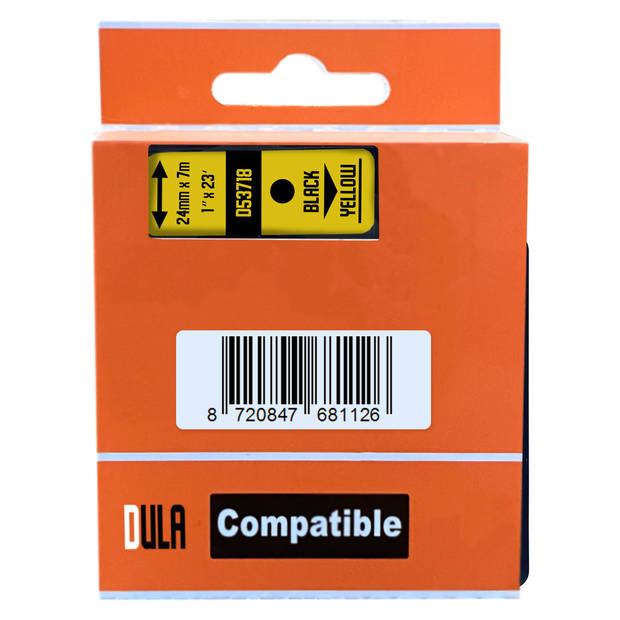 DULA label tape - Compatible met Dymo D1 53718 - 1 stuk - Zwart op geel - 24mm x 7m