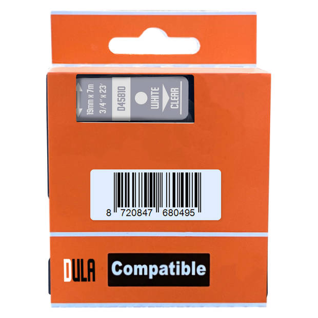 DULA label tape - Compatible met Dymo D1 45810 - 1 stuk - Wit op transparant - 19mm x 7m