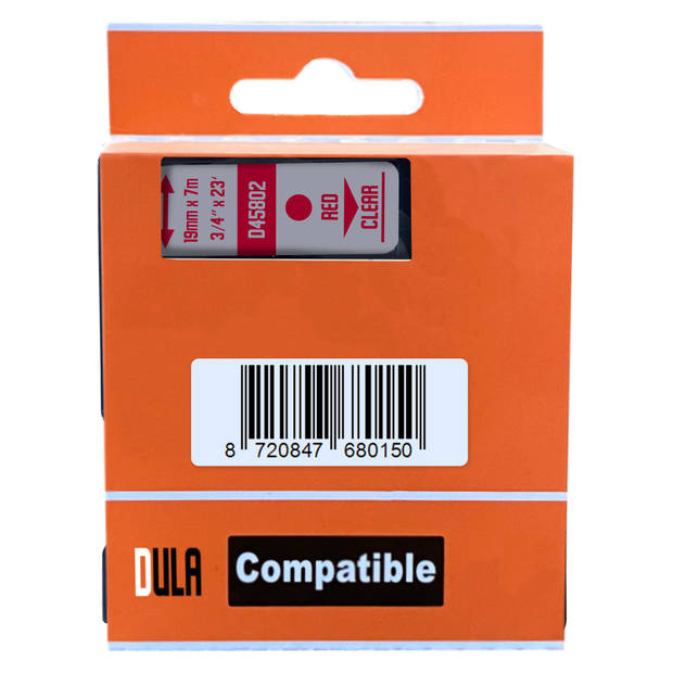 DULA Dymo D1 45802 Compatible label tape - 10 lettertapes - Rood op transparant - 19mm x 7m