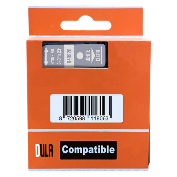 DULA Dymo D1 40920 Compatible label tape - 1 lettertape Wit op transparant - 9mm x 7m