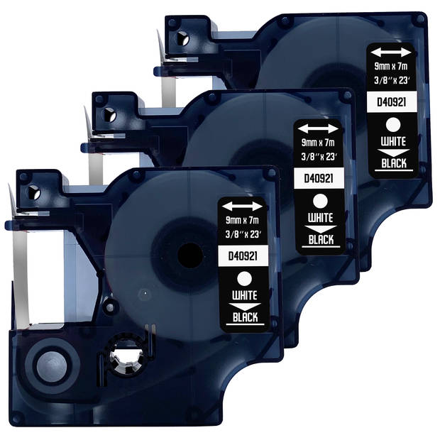 DULA label tape - Compatible met Dymo D1 40921 - 3 stuks - Wit op zwart - 9mm x 7m