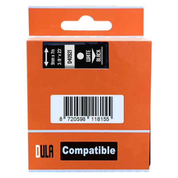 DULA label tape - Compatible met Dymo D1 40921 - 10 stuks - Wit op zwart - 9mm x 7m