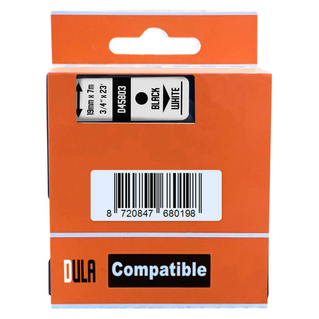 DULA label tape - Compatible met Dymo D1 45803 - 10 stuks - Zwart op wit - 19mm x 7m