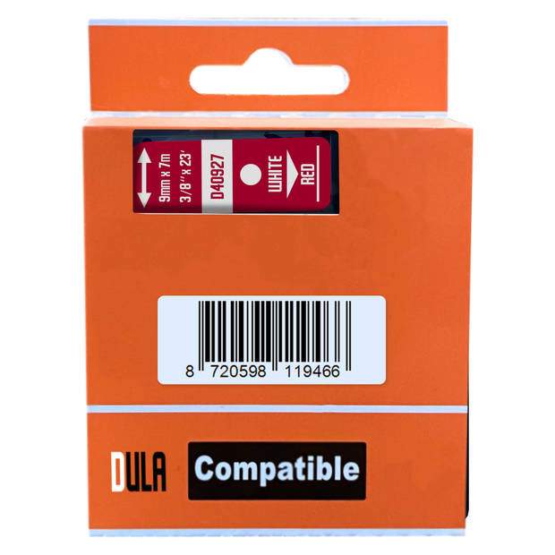 DULA label tape - Compatible met Dymo D1 40927 - 10 stuks - Wit op rood - 9mm x 7m