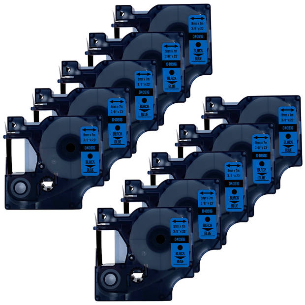 DULA Dymo D1 40916 - S0720710 - Compatible label tape - 10 lettertapes - Zwart op blauw - 9mm x 7m