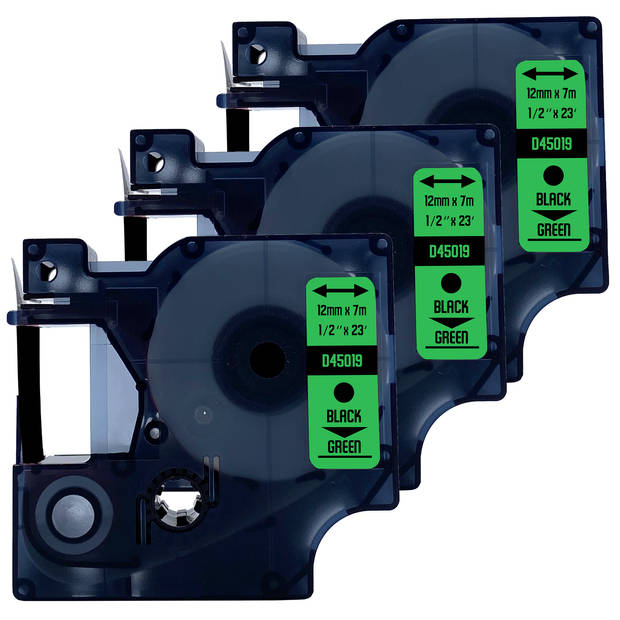 DULA label tape - Compatible met Dymo D1 45019 - 3 stuks - Zwart op groen - 12mm x 7m