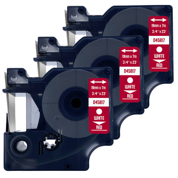 DULA label tape - Compatible met Dymo D1 45817 - 3 stuks - Wit op rood - 19mm x 7m