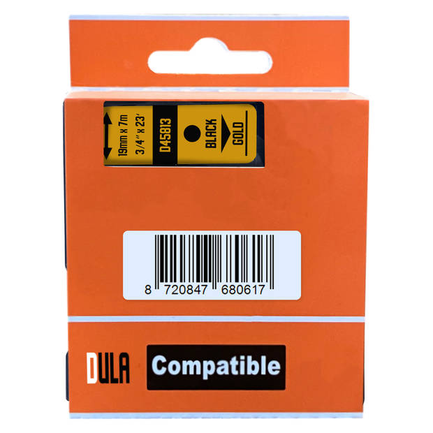 DULA label tape - Compatible met Dymo D1 45813 - 1 stuk - Zwart op goud - 19mm x 7m