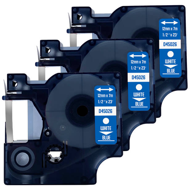 DULA label tape - Compatible met Dymo D1 45026 - 3 stuks - Wit op blauw - 12mm x 7m