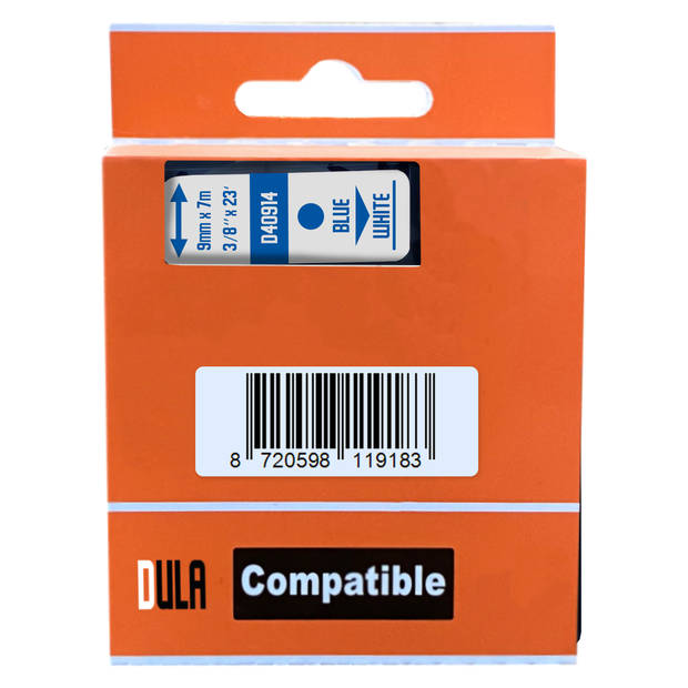 DULA label tape - Compatible met Dymo D1 40914 - 5 stuks - Blauw op wit - 9mm x 7m