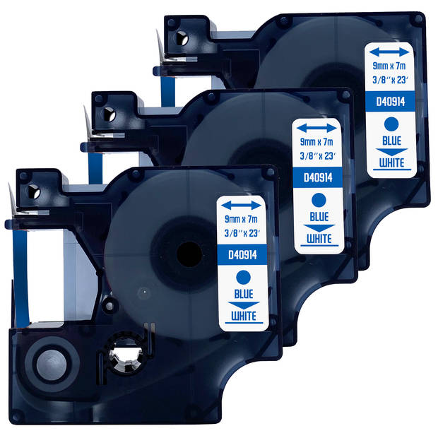 DULA label tape - Compatible met Dymo D1 40914 - 3 stuks - Blauw op wit - 9mm x 7m