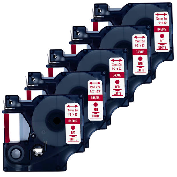 DULA Dymo D1 45015 - S0720550 - Compatible label tape - 5 lettertapes - Rood op wit - 12mm x 7m