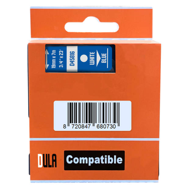 DULA label tape - Compatible met Dymo D1 45816 - 5 stuks - Wit op blauw - 19mm x 7m