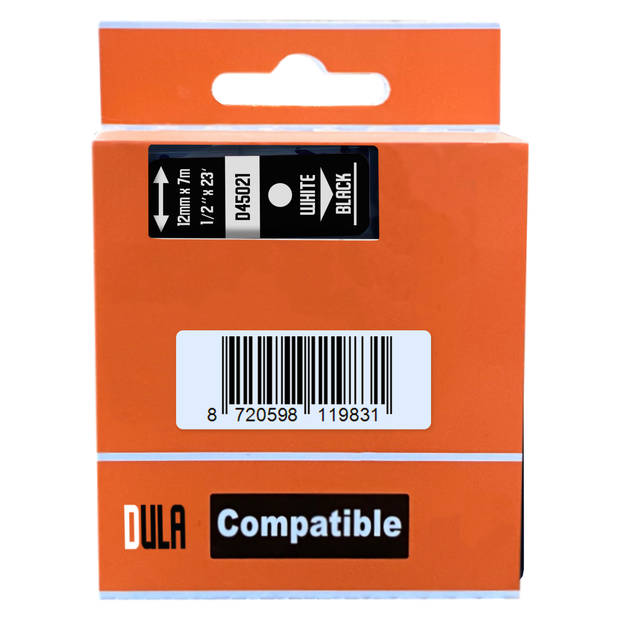 DULA label tape - Compatible met Dymo D1 45021 - 5 stuks - Wit op zwart - 12mm x 7m