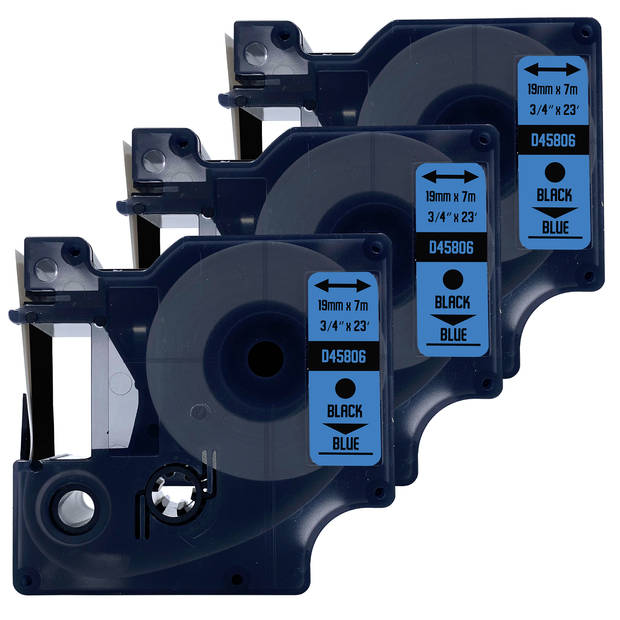 DULA label tape - Compatible met Dymo D1 45806 - 3 stuks - Zwart op blauw - 19mm x 7m