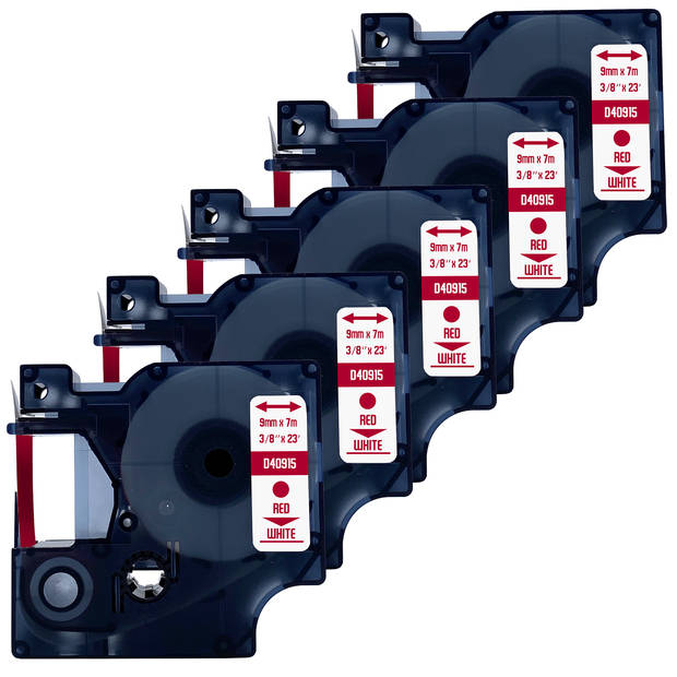 DULA label tape - Compatible met Dymo D1 40915 - 5 stuks - Rood op wit - 9mm x 7m