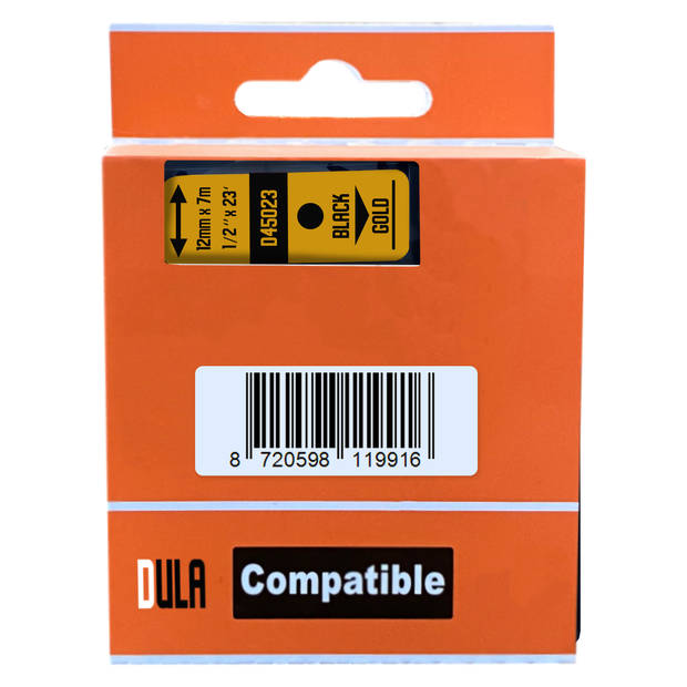 DULA label tape - Compatible met Dymo D1 45023 - 1 stuk - Zwart op goud - 12mm x 7m