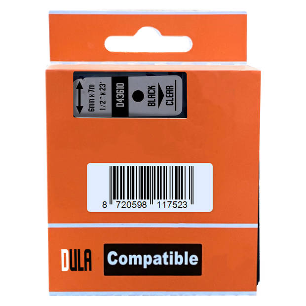 DULA label tape - Compatible met Dymo D1 43610 / S0720770 - 3 stuks - Zwart op transparant - 6mm x 7m