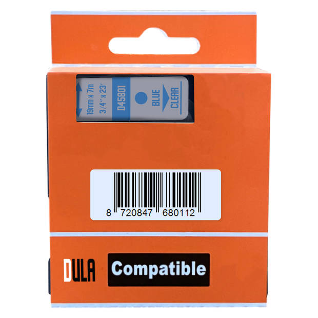 DULA label tape - Compatible met Dymo D1 45801 - 5 stuks - Blauw op transparant - 19mm x 7m