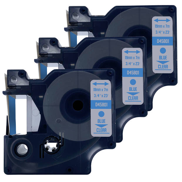 DULA Dymo D1 45801 - S0720810 - Compatible label tape - 3 lettertapes - Blauw op transparant - 19mm x 7m