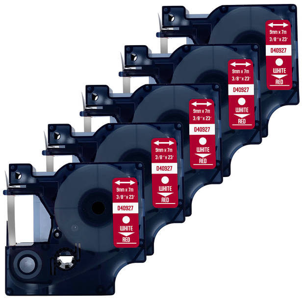 DULA label tape - Compatible met Dymo D1 40927 - 5 stuks - Wit op rood - 9mm x 7m