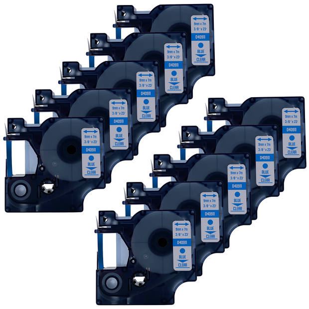 DULA label tape - Compatible met Dymo D1 40911 - 10 stuks - Blauw op transparant - 9mm x 7m