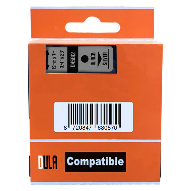 DULA label tape - Compatible met Dymo D1 45812 - 1 stuk - Zwart op zilver - 19mm x 7m