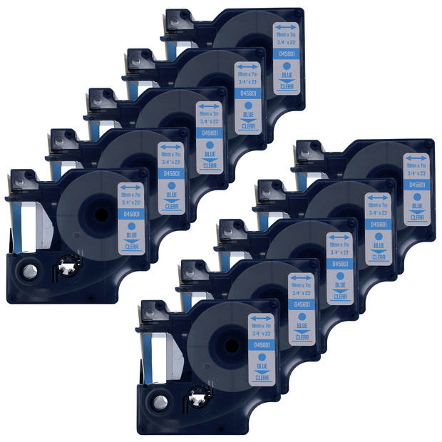 DULA label tape - Compatible met Dymo D1 45801 - 10 stuks - Blauw op transparant - 19mm x 7m