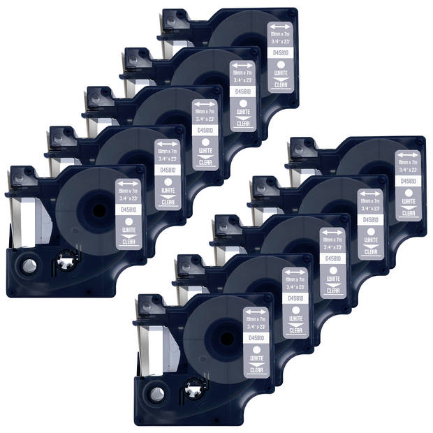 DULA label tape - Compatible met Dymo D1 45810 - 10 stuks - Wit op transparant - 19mm x 7m