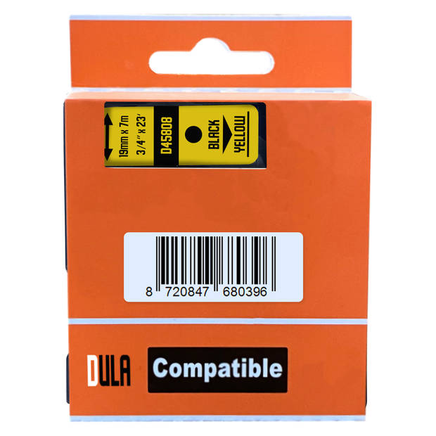 DULA label tape - Compatible met Dymo D1 45808 - 10 stuks - Zwart op geel - 19mm x 7m