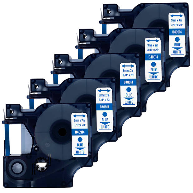 DULA label tape - Compatible met Dymo D1 40914 - 5 stuks - Blauw op wit - 9mm x 7m