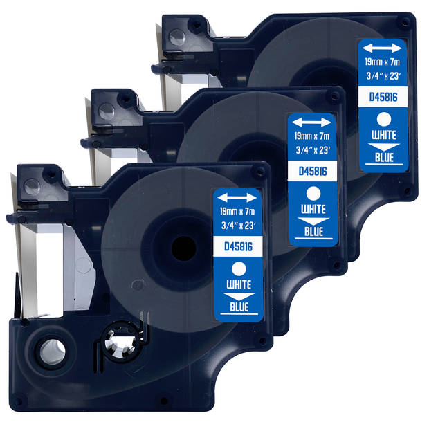 DULA label tape - Compatible met Dymo D1 45816 - 3 stuks - Wit op blauw - 19mm x 7m