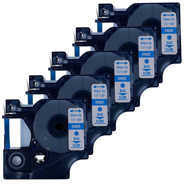 DULA Dymo D1 45011 - S0720510 - Compatible label tape - 5 lettertapes - Blauw op transparant - 12mm x 7m