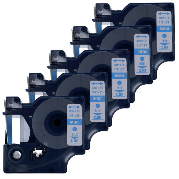 DULA label tape - Compatible met Dymo D1 45801 - 5 stuks - Blauw op transparant - 19mm x 7m