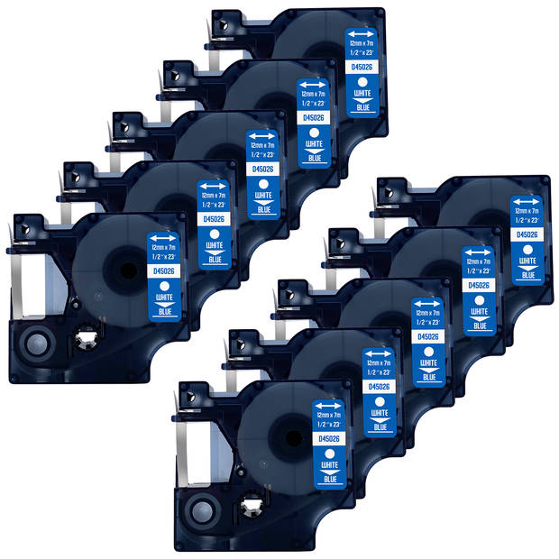 DULA Dymo D1 45026 Compatible label tape - 10 lettertapes - Wit op blauw - 12mm x 7m