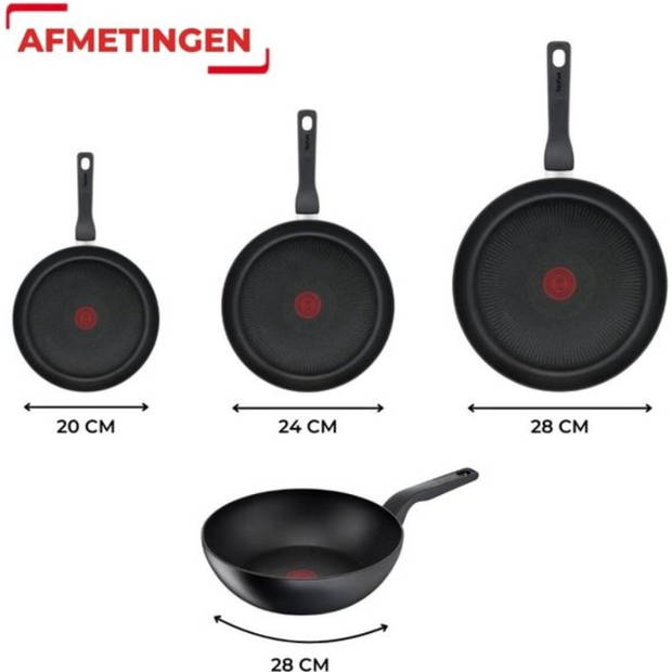 Tefal Hard Titanium Pro Pannenset - Koekenpannen Ø20/24/28cm + Wokpan Ø28cm - Tefal Pannen Inductie - Aluminium - Zwart