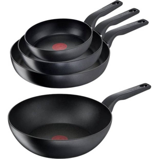 Tefal Hard Titanium Pro Pannenset - Koekenpannen Ø20/24/28cm + Wokpan Ø28cm - Tefal Pannen Inductie - Aluminium - Zwart