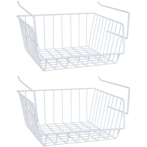 MSV Kastmandje - 2x - opberg/hang mandjes - rvs - wit - 33 x 27 x 13 cm - Opbergmanden