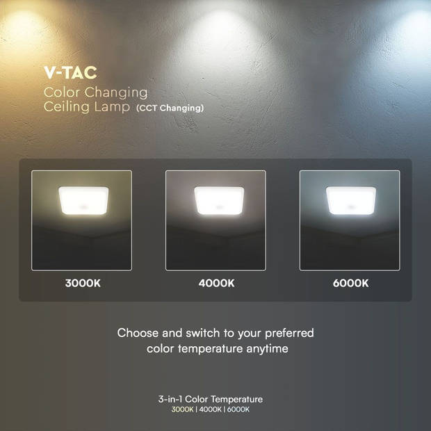 V-TAC VT-81003 LED-plafonniere - PIR-plafonniere - Samsung - IP20 - Wit - 12 Watt - 1100 Lumen - 3IN1 - 5 Jaar